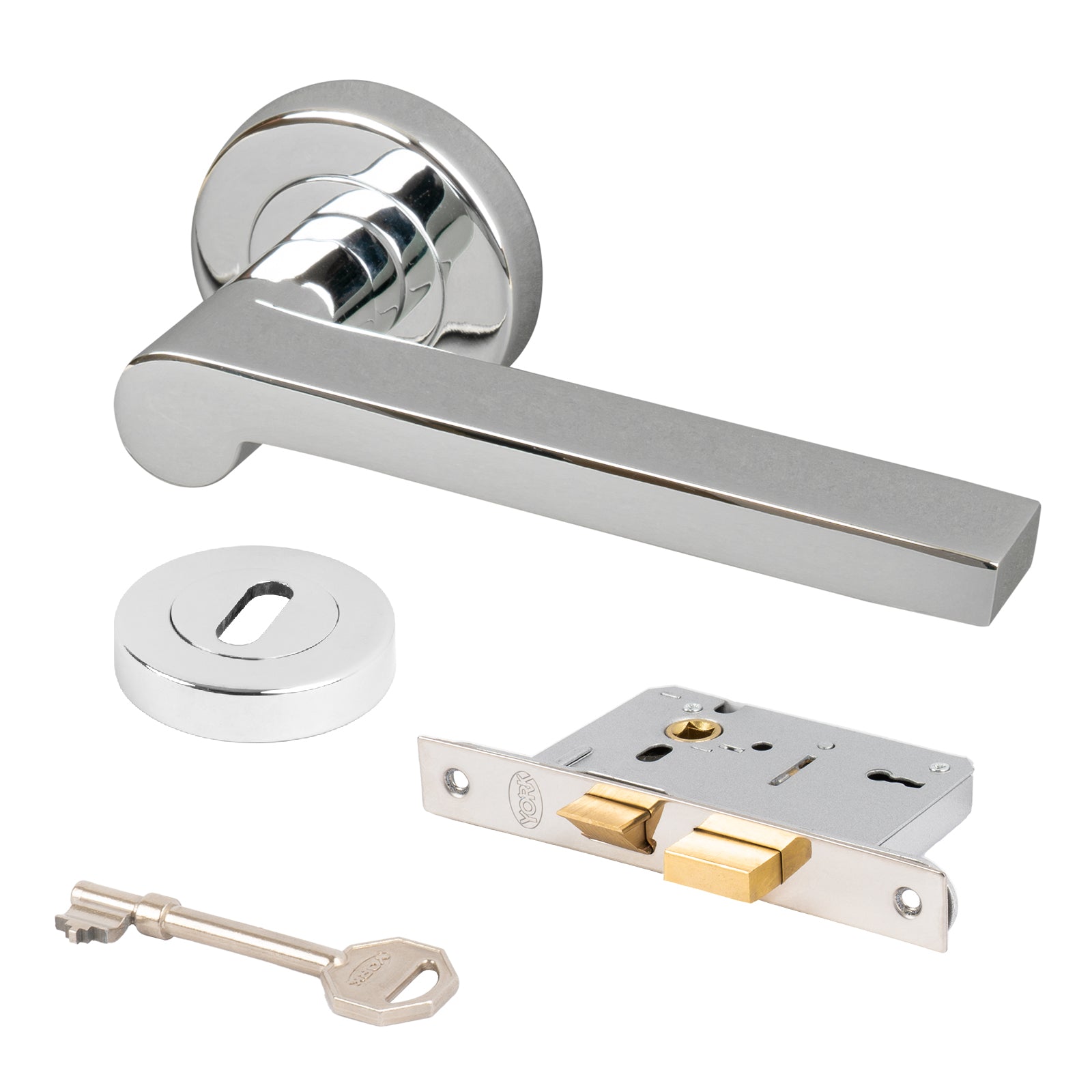 modern chrome Lugano round rose lever handle 3 lever sash lock set