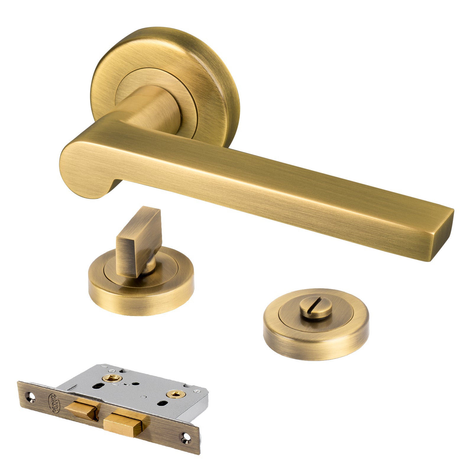 aged brass Lugano round rose door handles bathroom turn lock set