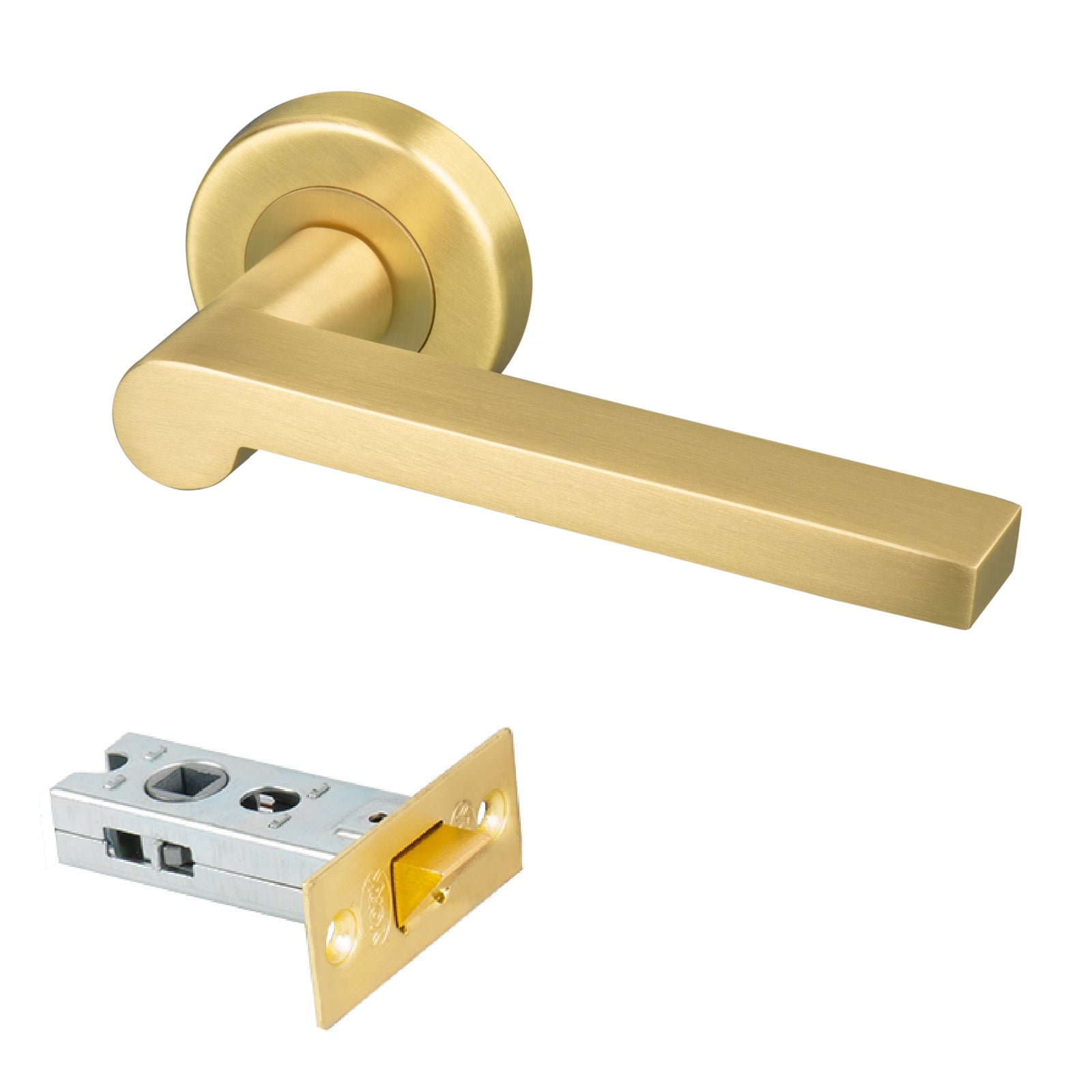 satin brass round rose straight lever handle 2.5 inch latch set