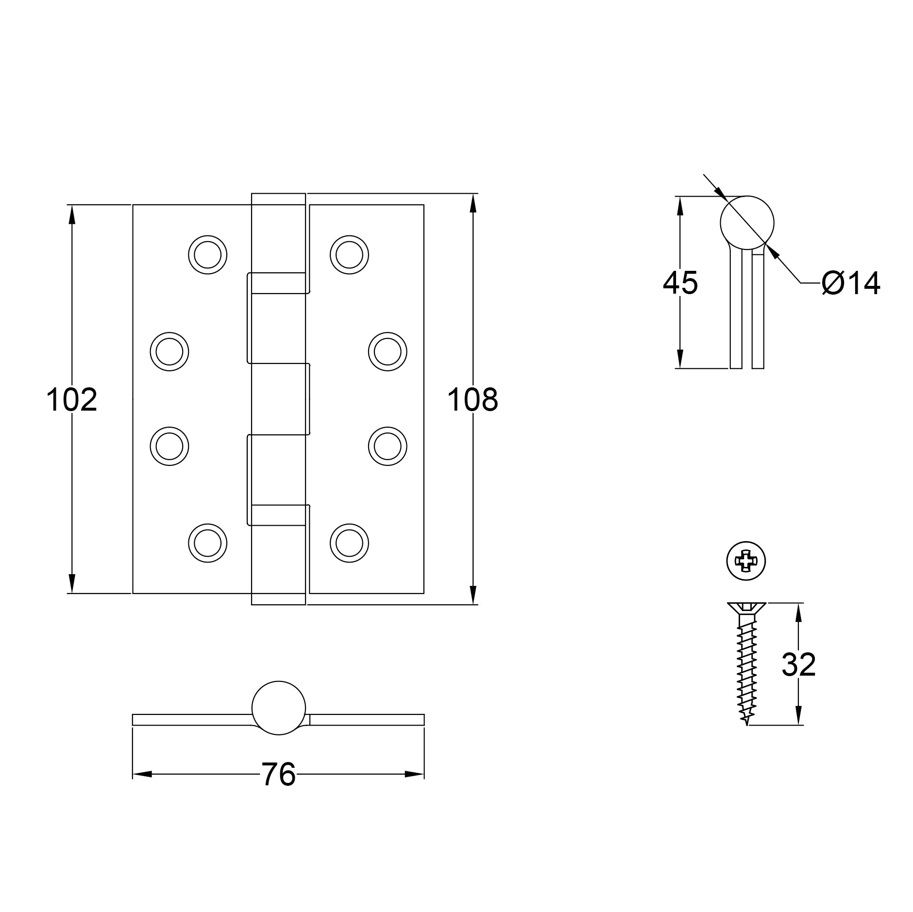 Drawing of ball bearing hinges 4 inch, fire rated butt hinges, staineless steel hinges SHOW
