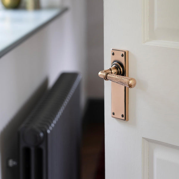 Polished hammered bronze handle fitted to door