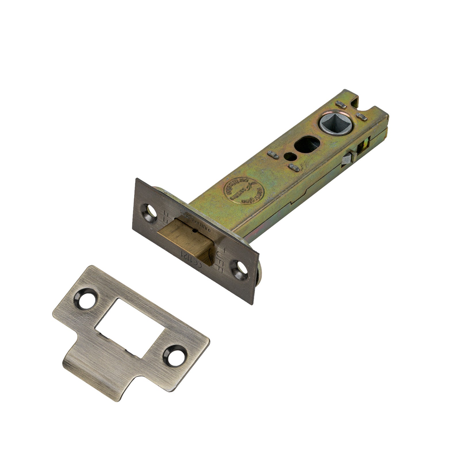 Heavy Duty Tubular Latch - 4 Inch with Antique Brass finished forend and striker plate