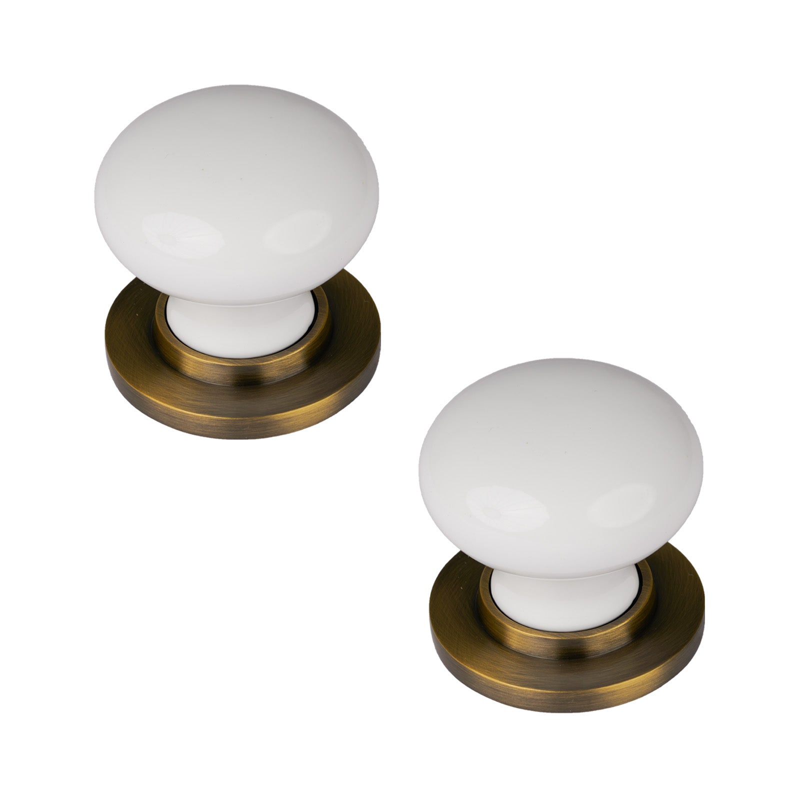 SHOW Plain White Porcelain Door Knob with Aged Brass Rose