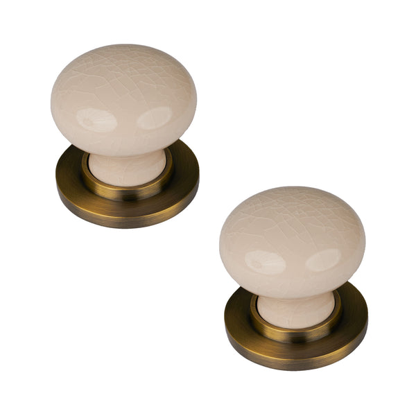 SHOW Cream Crackle Ceramic Door Knob with Aged Brass Rose