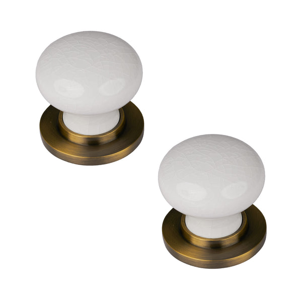 SHOW White Crackle Ceramic Door Knob with Aged Brass Rose