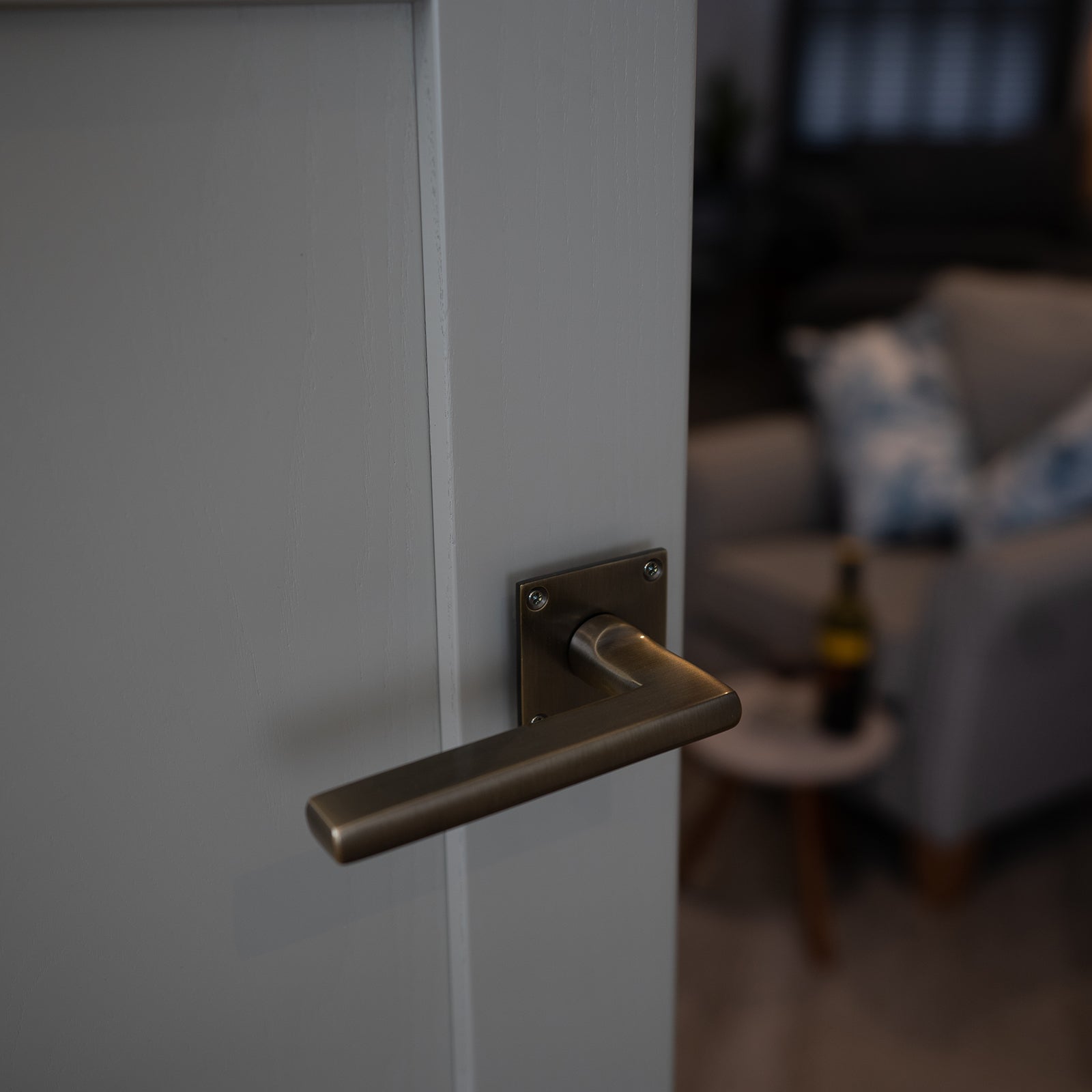 SHOW Moody Image of Trident Square Rose Door Handles Low Profile on Door 
