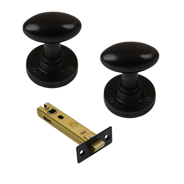  Image of 4 Inch Latch Set with Oval Door Knobs in Oil Rubbed Bronze Finish