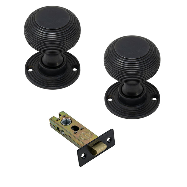  Image of 3 Inch Latch Set with Beehive Door Knobs in Oil Rubbed Bronze Finish