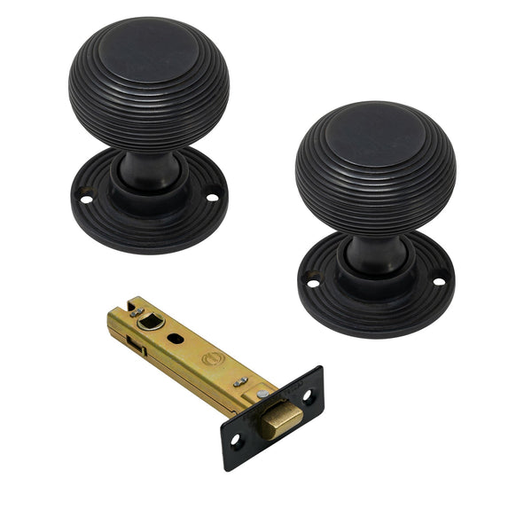  Image of 4 Inch Latch Set with Beehive Door Knobs in Oil Rubbed Bronze Finish