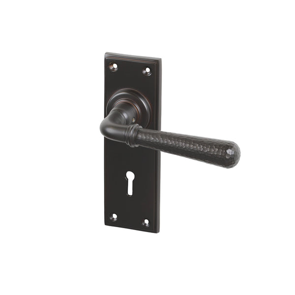 SHOW Aged Bronze Lock Hammered Newbury Lever Handles