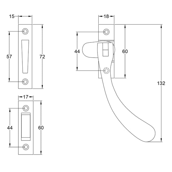  Tech Drawing of Unlacquered Brass Ball End Casement Window Fastener