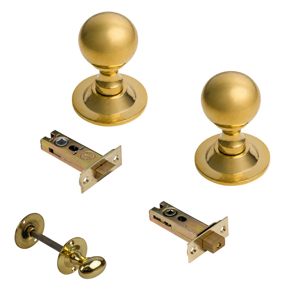  Polished Brass Round Door Knobs 4 Inch Latch Set