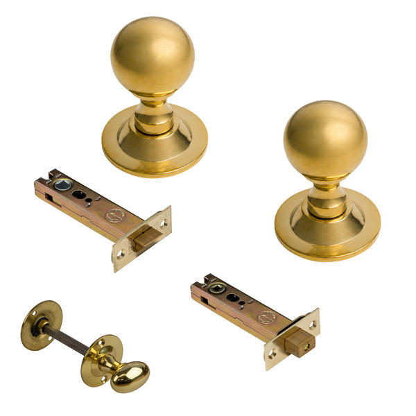  Polished Brass Round Door Knobs 4 Inch Bathroom Set