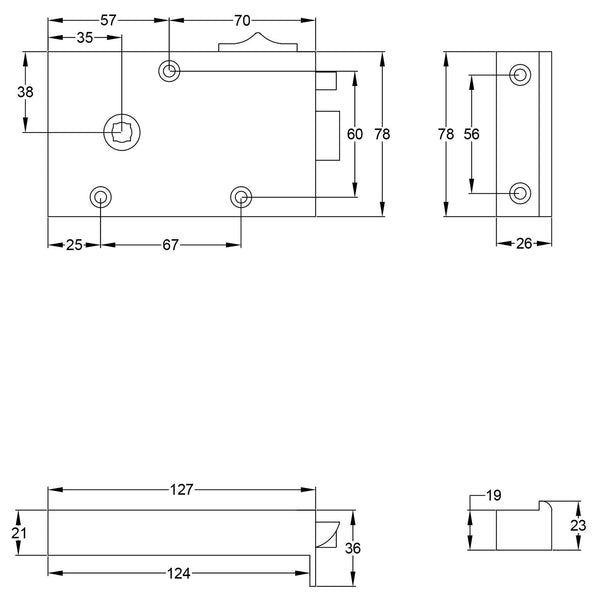  Thumbnail Drawing of Cast Iron Bathroom Rim Lock