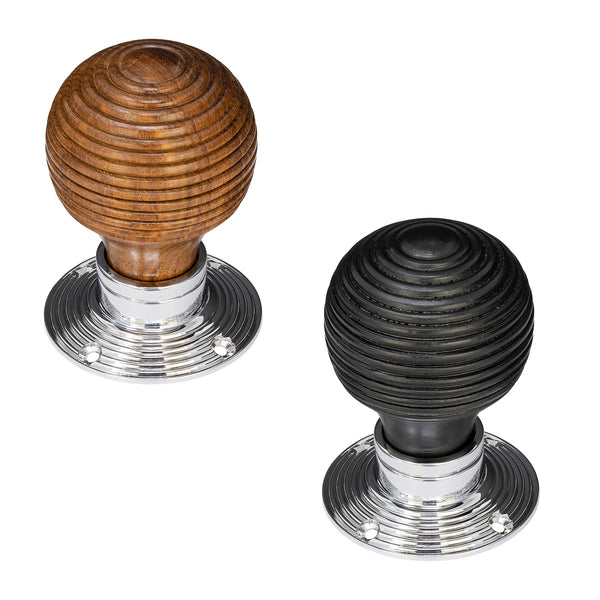 Beehive rosewood and ebonised wooden door knob with chrome rose plate
