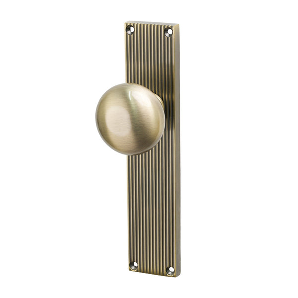 SHOW Image of Antique Brass Victoria on Reeded Backplate Latch Handles