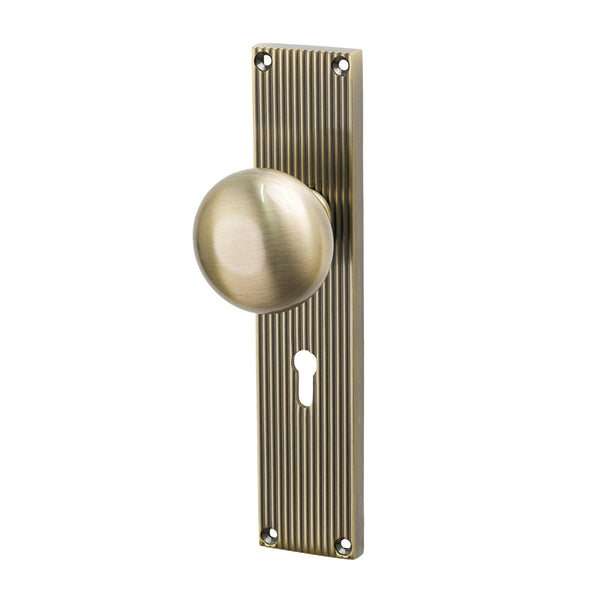 SHOW Image of Antique Brass Victoria on Reeded Backplate Lock Handles
