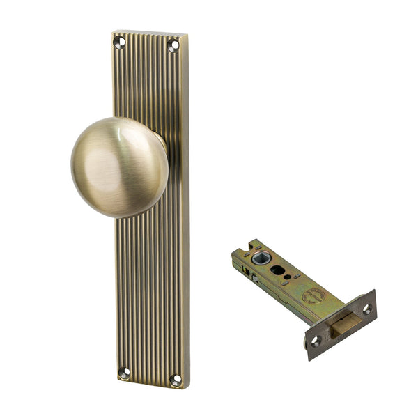 SHOW Image of Antique Brass Victoria on Reeded Backplate Latch Set