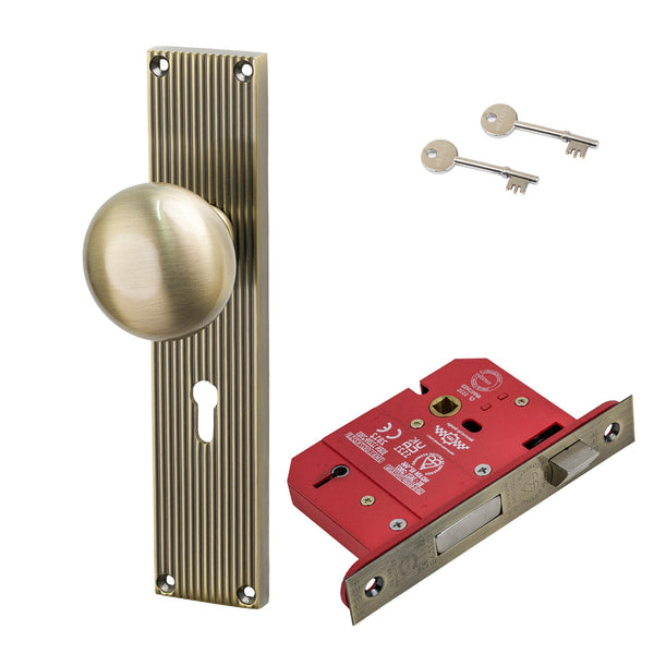 SHOW Image of Antique Brass Victoria on Reeded Backplate 5 Lever Lock Set