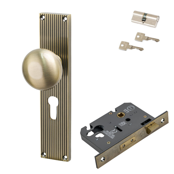 SHOW Image of Antique Brass Victoria on Reeded Backplate Euro Set