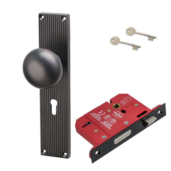 SHOW Image of Matt Bronze Victoria on Reeded Backplate 5 Lever Lock Set