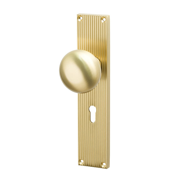 SHOW Image of Satin Brass Victoria on Reeded Backplate Lock Handles