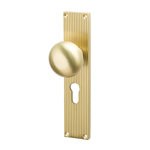 SHOW Image of Satin Brass Victoria on Reeded Backplate Euro Handles
