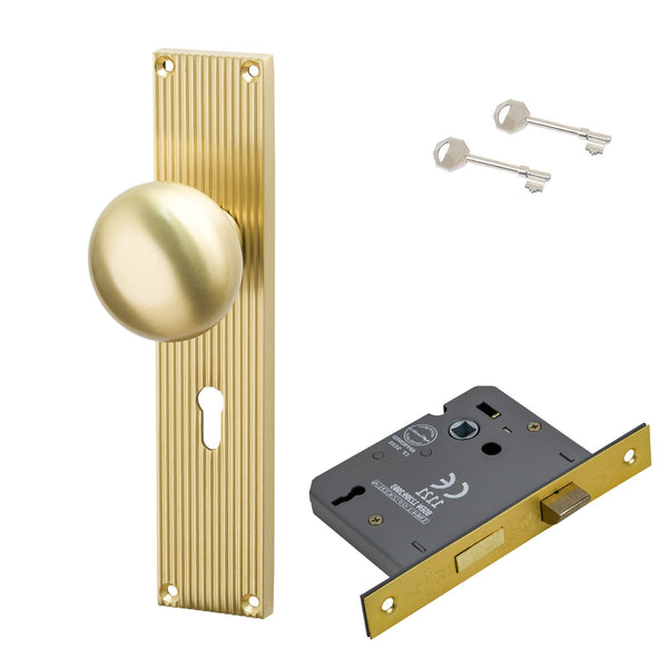 SHOW Image of Satin Brass Victoria on Reeded Backplate 3 Lever Lock Set