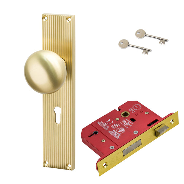 SHOW Image of Satin Brass Victoria on Reeded Backplate 5 Lever Lock Set