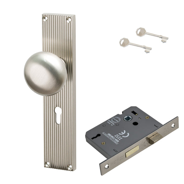 SHOW Image of Satin Nickel Victoria on Reeded Backplate 3 Lever Lock Set