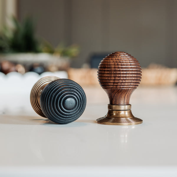  Beehive Door Knobs Rosewood & Ebonised on antique brass rose