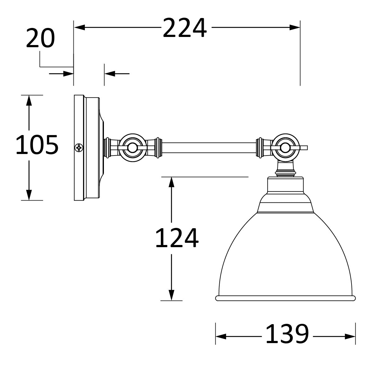 SHOW Technical Drawing of Brindley Wall Light in Aged Brass