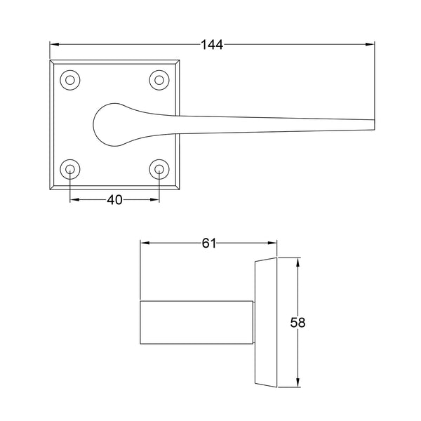  Technical drawing of a Gio door handle on rose with dimensions labeled