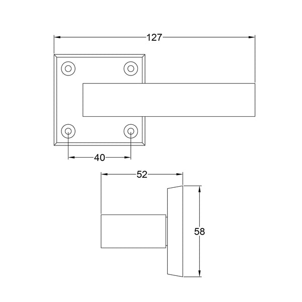  Technical drawing of a Hanwood door handle on rose with dimensions labeled