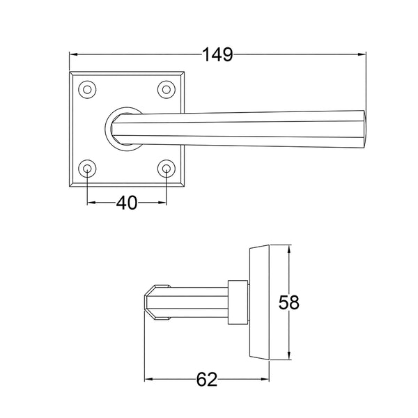  Technical drawing of a Octave door handle on rose with dimensions labeled