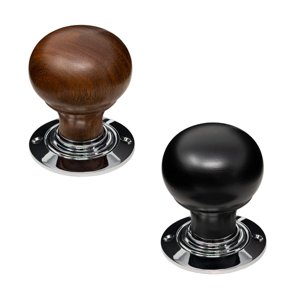 Bun rosewood and ebonised wooden door knob with chrome rose plate
