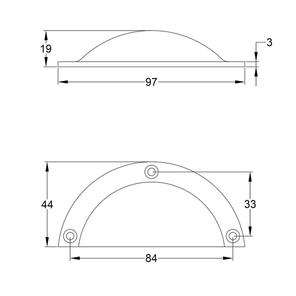  Tech Drawing of Unlacquered Brass Traditional Cabinet Drawer Cup Pull