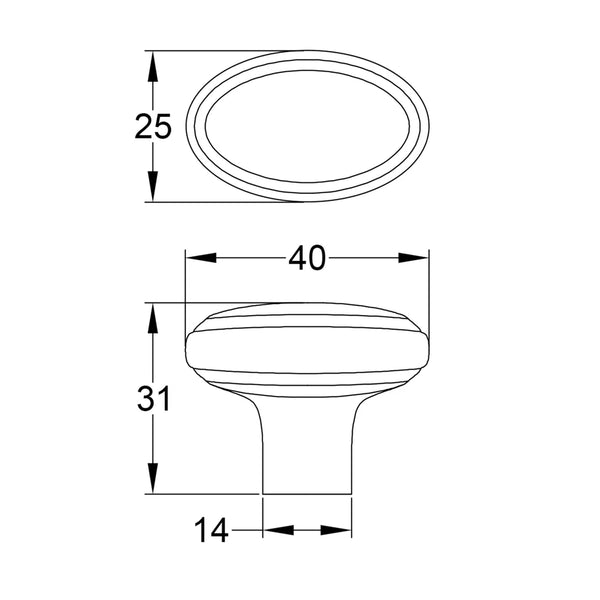  Tech Drawing of Unlacquered Brass Stepped Oval Cabinet Knob
