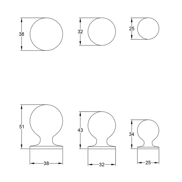  technical drawing of Unlacquered Brass Ball Cabinet Knob