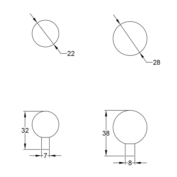  Tech drawing of Unlacquered Brass Sphere Cabinet Knob