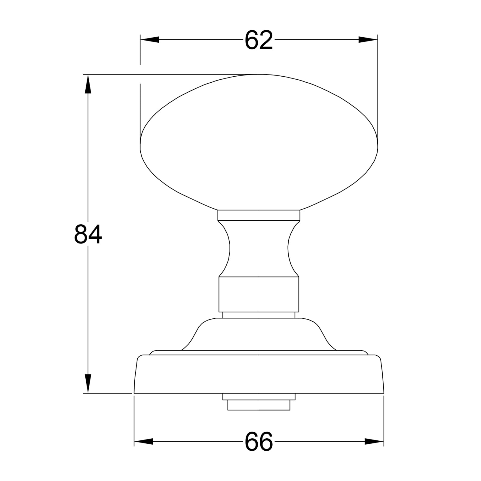 SHOW Technical Drawing of Chelsea Door Knob on Rose