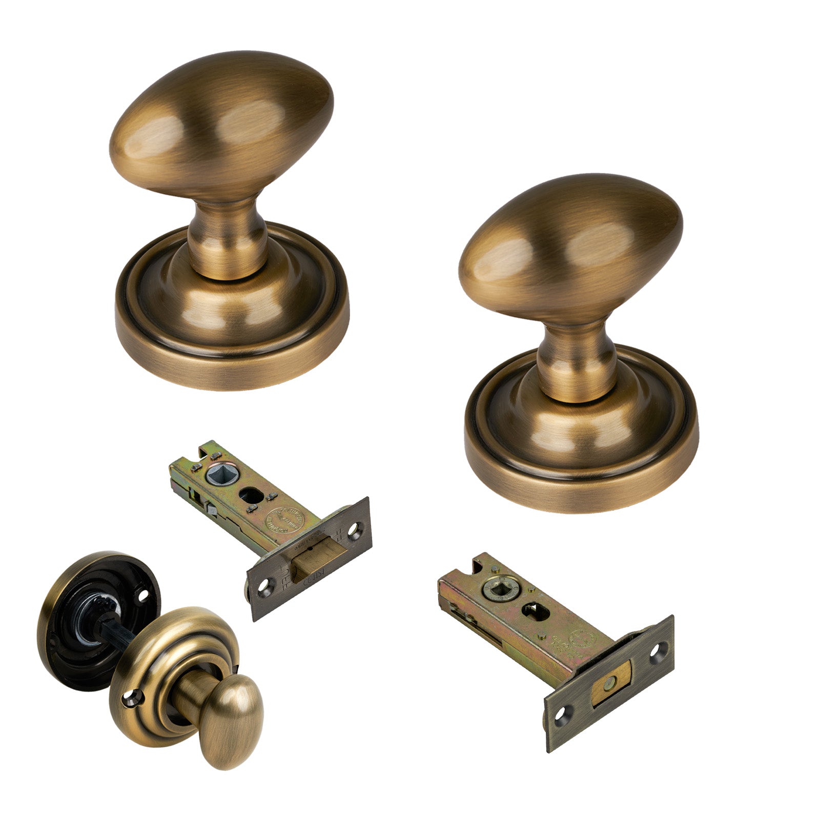 Chelsea Door Knob on Rose with Aged Brass 3 inch bathroom set