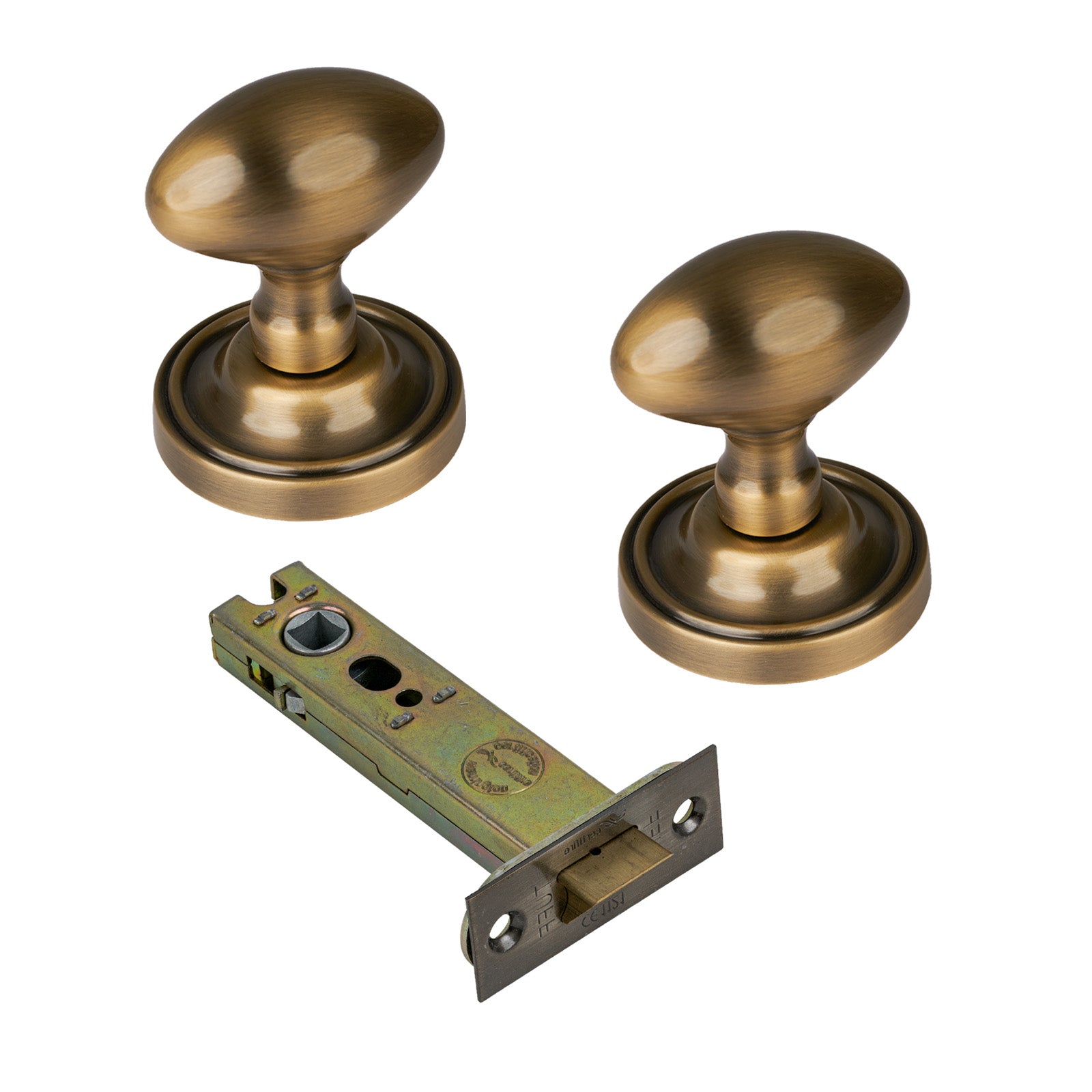 Chelsea Door Knob on Rose with Aged Brass 4 inch latch set