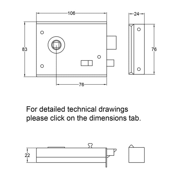  Classic Polished Chrome Bathroom Rim Lock Technical Drawing