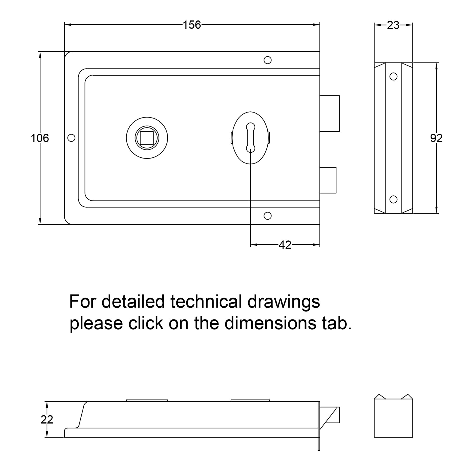 SHOW Classic Polished Brass Rim Lock Technical Drawing