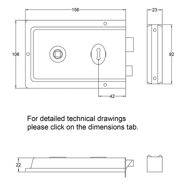 SHOW Classic Polished Chrome Rim Lock Technical Drawing