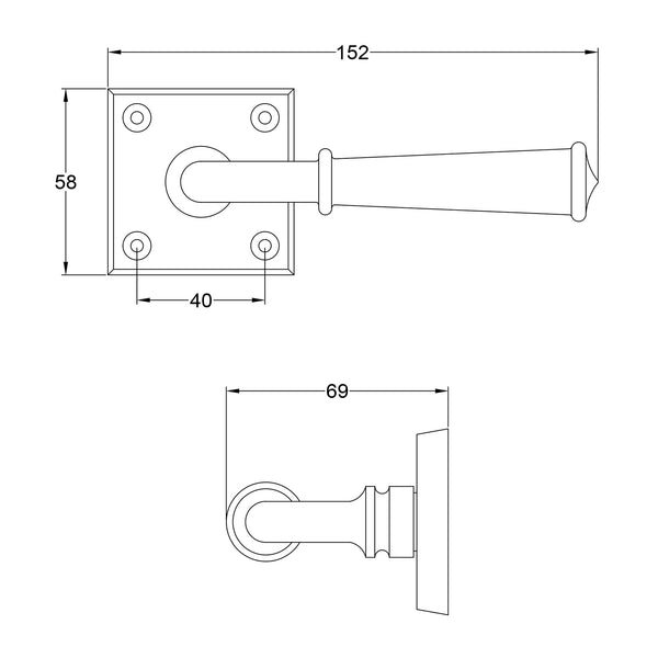  Technical drawing of a Claverly door handle on rose with dimensions labeled