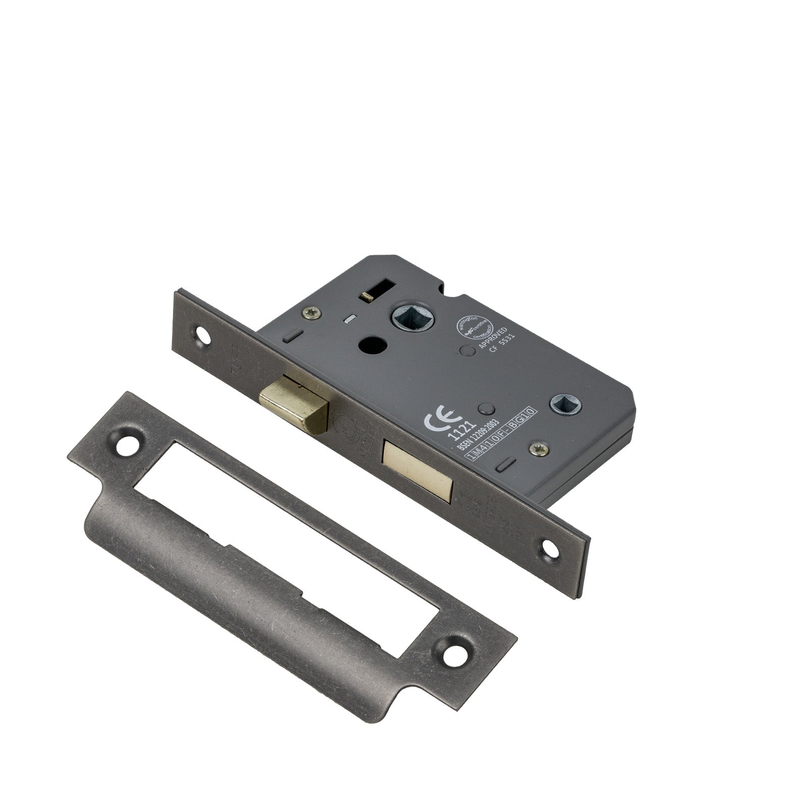 SHOW Bathroom Sash Lock - 2.5 Inch with Distressed Silver finished forend and striker plate