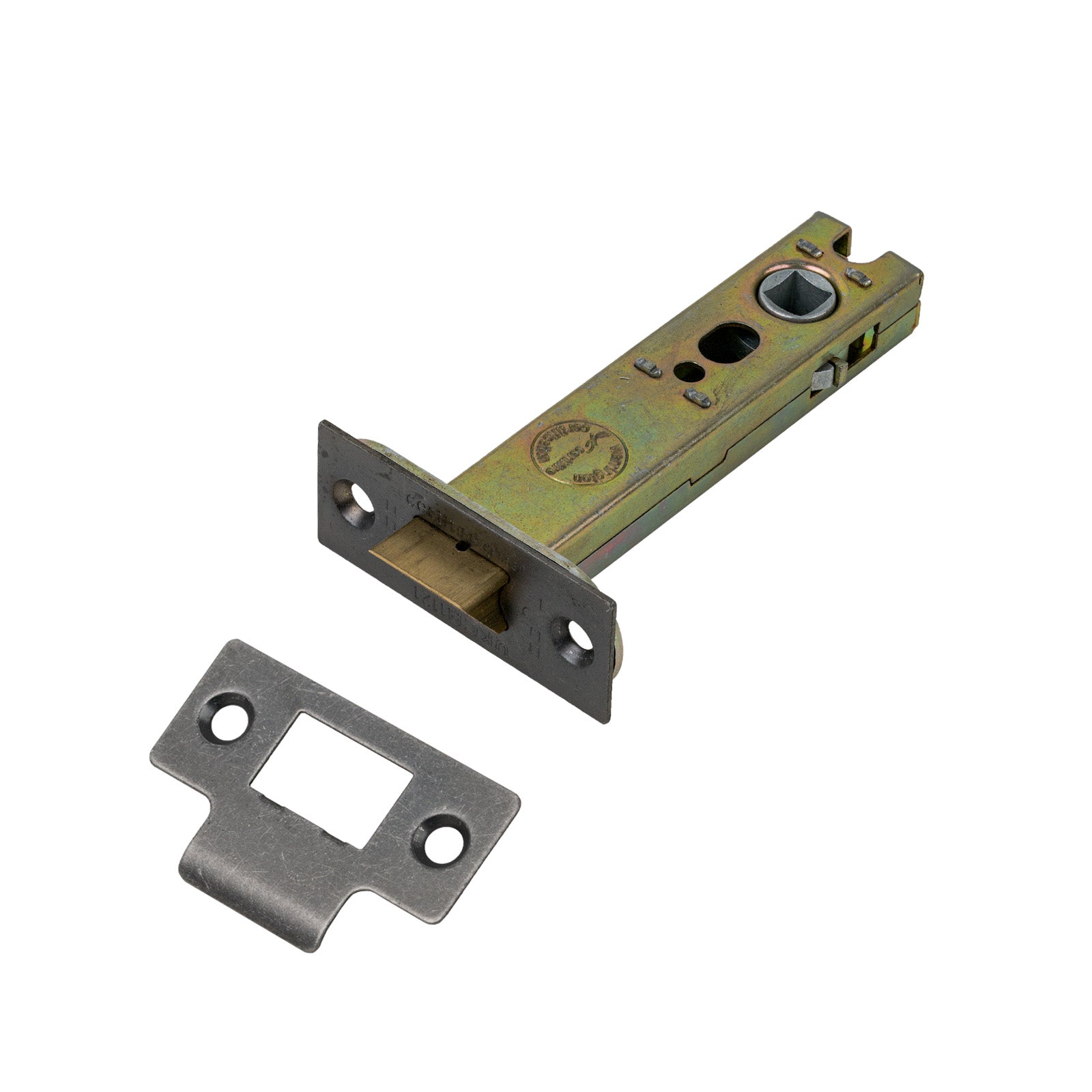 SHOW Heavy Duty Tubular Latch - 4 Inch with Distressed Silver finished forend and striker plate