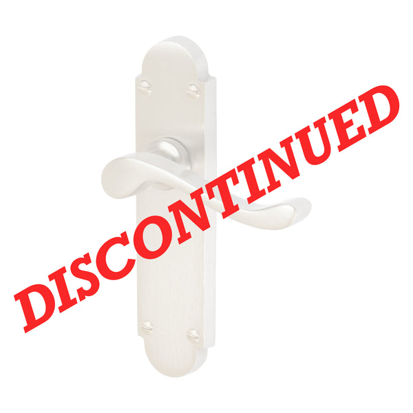 A white lever-handle door lockset on a white background with a large red diagonal 'DISCONTINUED' text overlay. 